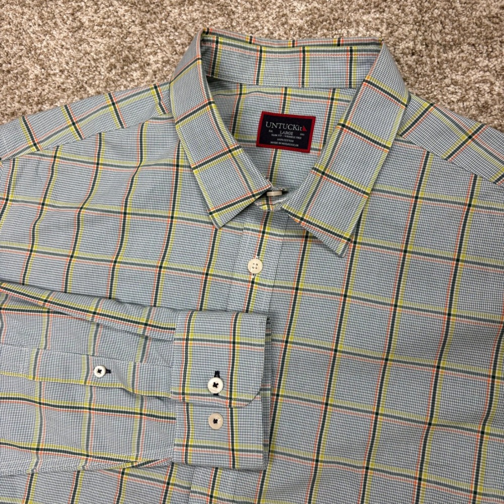 UNTUCKit Button Down Shirt Mens Large Windowpane Slim Fit Wrinkle Free Blue